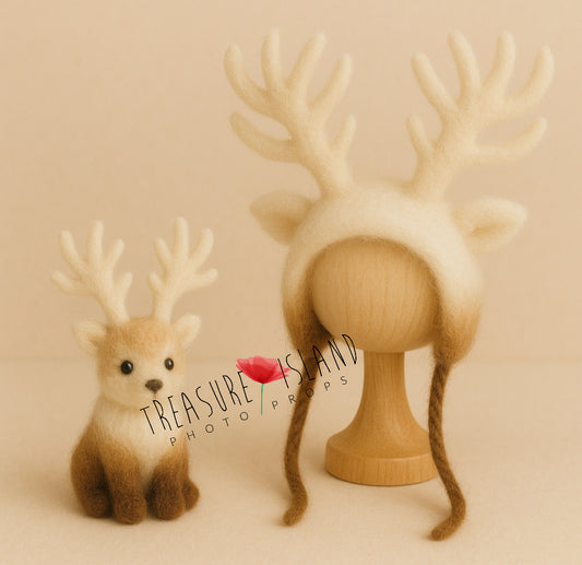 Hand-felted Nordic reindeer bonnet and miniature reindeer toy in brown and cream ombré for newborn photography