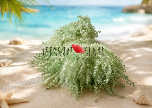 Matcha green curly wool blanket for newborn photography, handmade photography prop by Treasure Island Photo Props