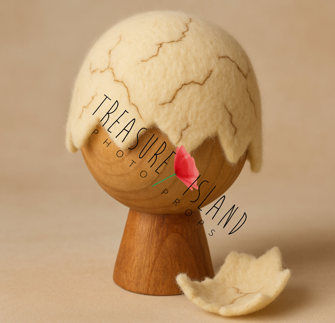 Hand-felted Dino Eggshell Bonnet with matching cracked shell styling pieces
