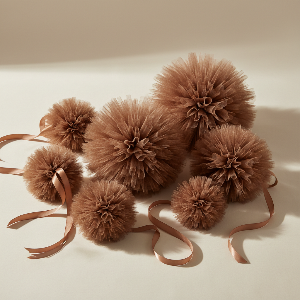 Milk Chocolate brown tulle pom poms in assorted sizes with ribbons