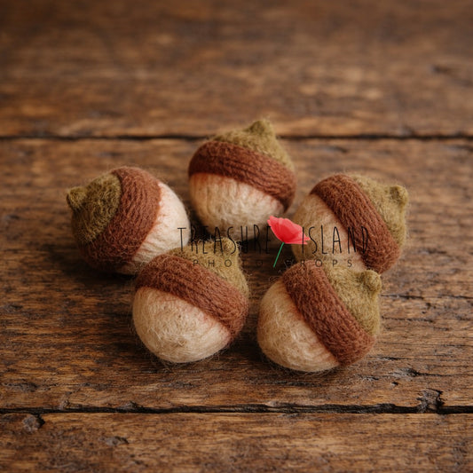 Set of five handmade mini felted hazelnuts for woodland and squirrel photography styling