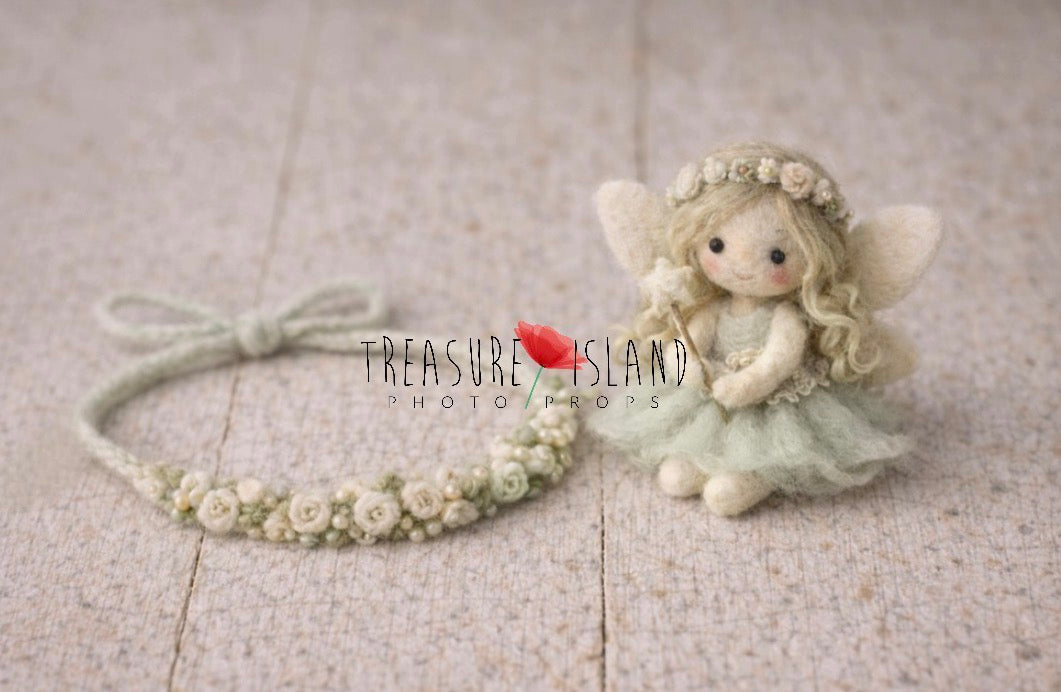 Mint hand-felted fairy doll with coordinating floral newborn wreath for fine art newborn photography