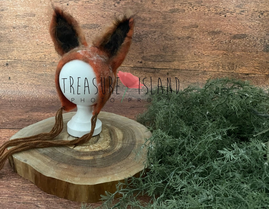 Handmade Modern Fox felted bonnet with large pointed ears for newborn and sitter photography