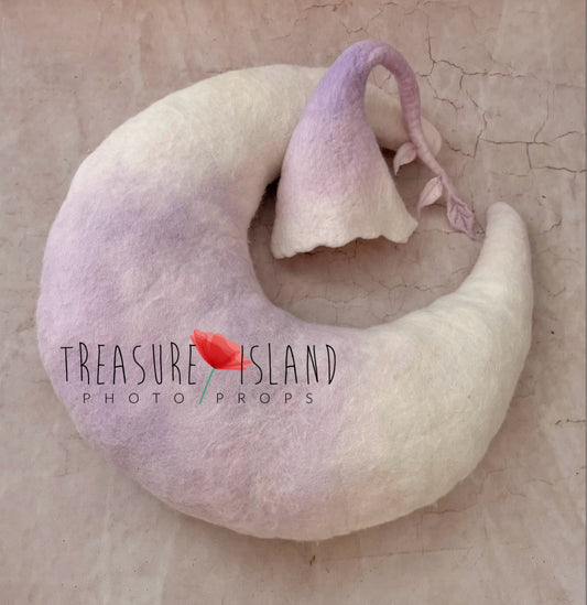 Hand-felted crescent moon and botanical bonnet set for newborn photography