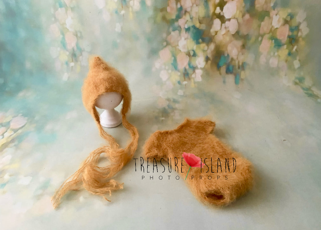 Mustard fluffy knit romper and Imp Hat set for baby photography