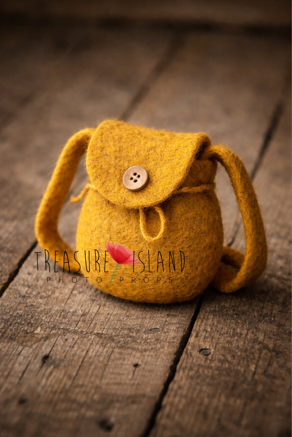 Mustard hand-felted woodland nut backpack for autumn and sitter photography