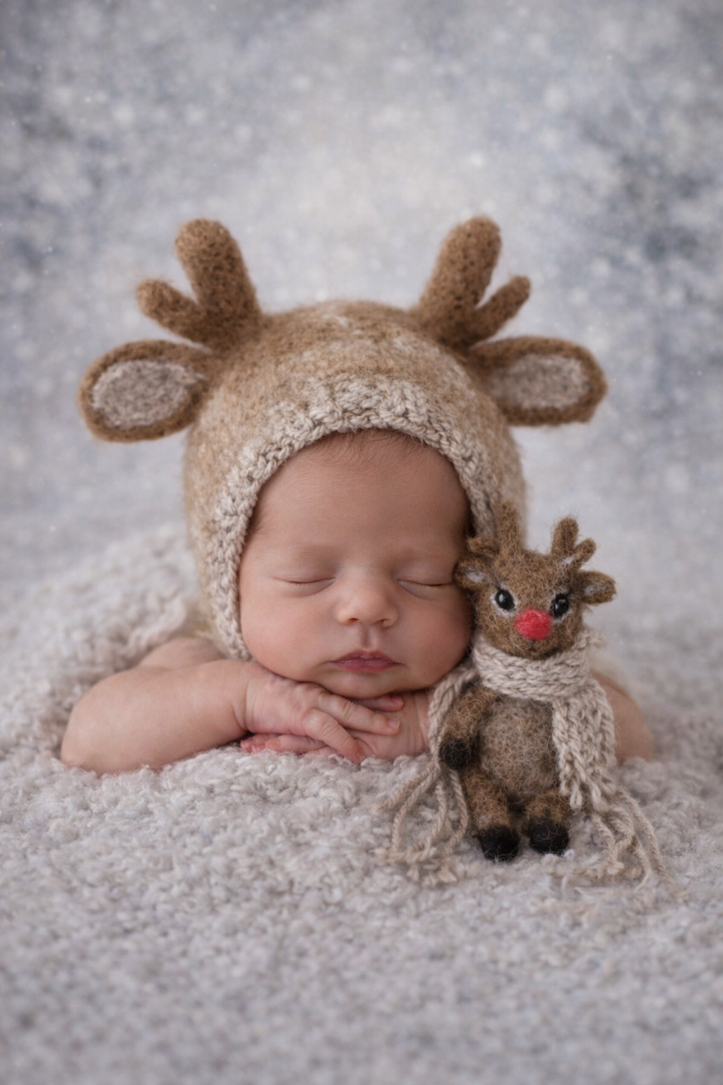 Newborn wearing handmade reindeer bonnet beside matching felted reindeer toy in winter photography setup