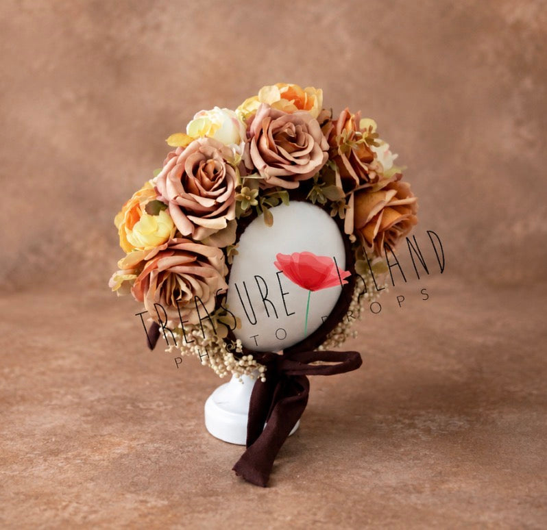 Warm neutral floral bonnet with dimensional roses for newborn and sitter portraits