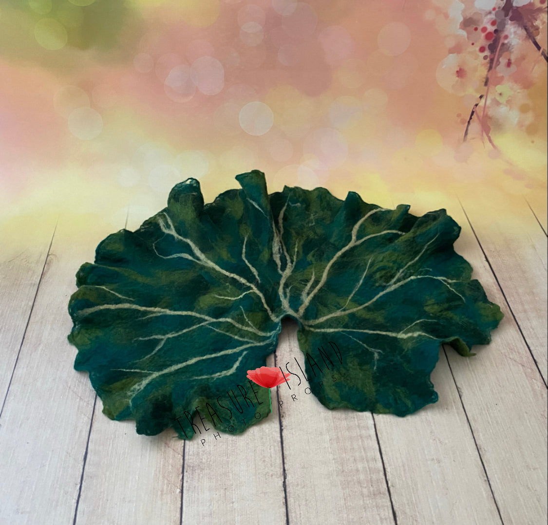 Noctulina large hand-felted botanical leaf in deep green and teal tones for newborn and sitter photography