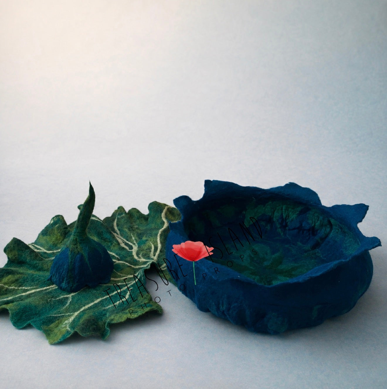 Noctulina midnight blue hand-felted flower bowl with botanical leaf and matching bonnet for newborn photography