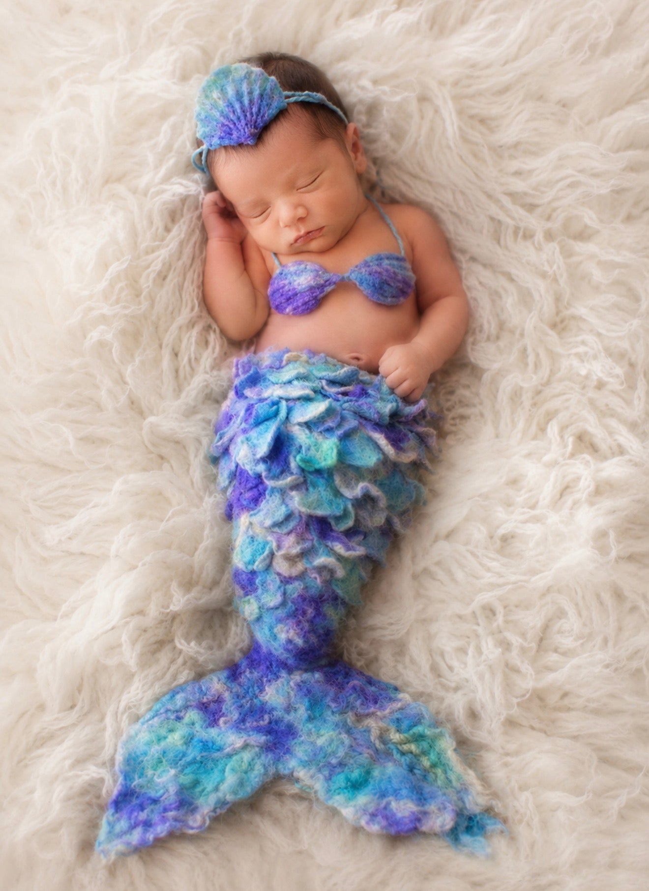 Newborn styled in Ocean Aurora felted mermaid tail and handmade shell accessories