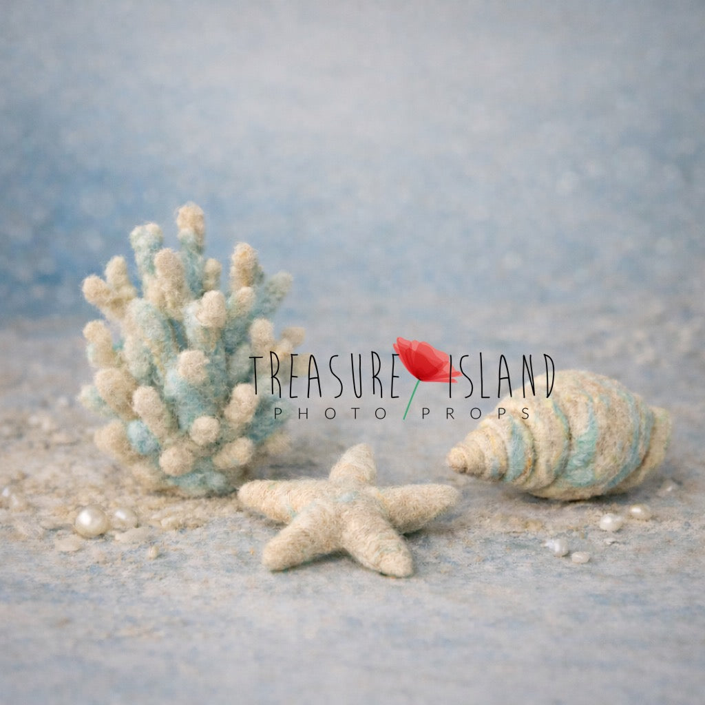 Hand felted coral, starfish and seashell photography props in cream and soft ocean blue – Ocean Spirit Coastal Whisper
