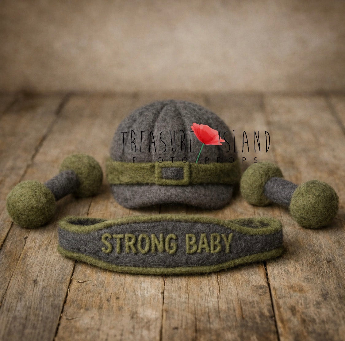 Olive and grey hand-felted Little Hero newborn photography set with cap, belt and weights