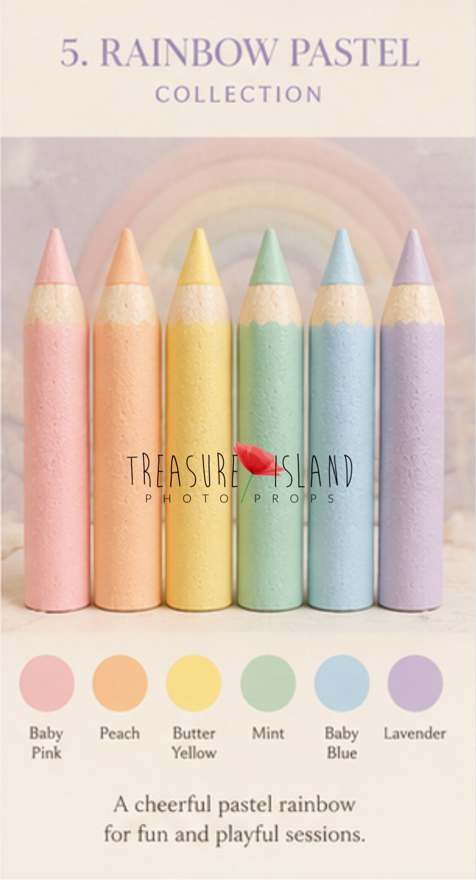 Pastel rainbow foam pencil set color palette with Baby Pink, Peach, Butter Yellow, Mint, Baby Blue and Lavender