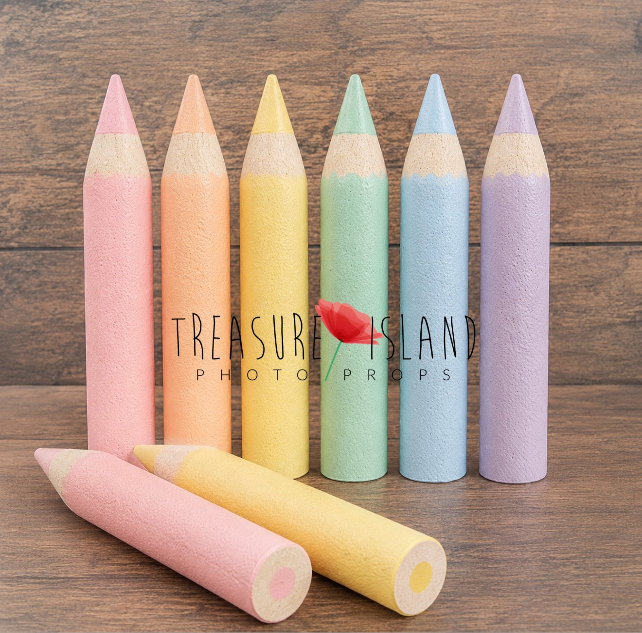 Set of six handmade pastel rainbow foam pencil photography props in pink, peach, yellow, mint, blue and lavender