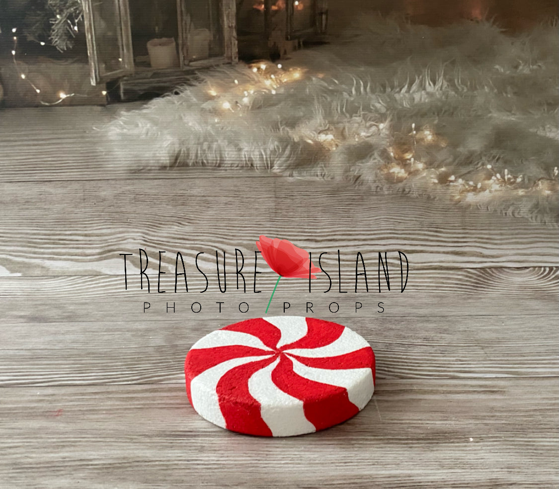 Side view of handmade styrofoam peppermint candy disc photography prop