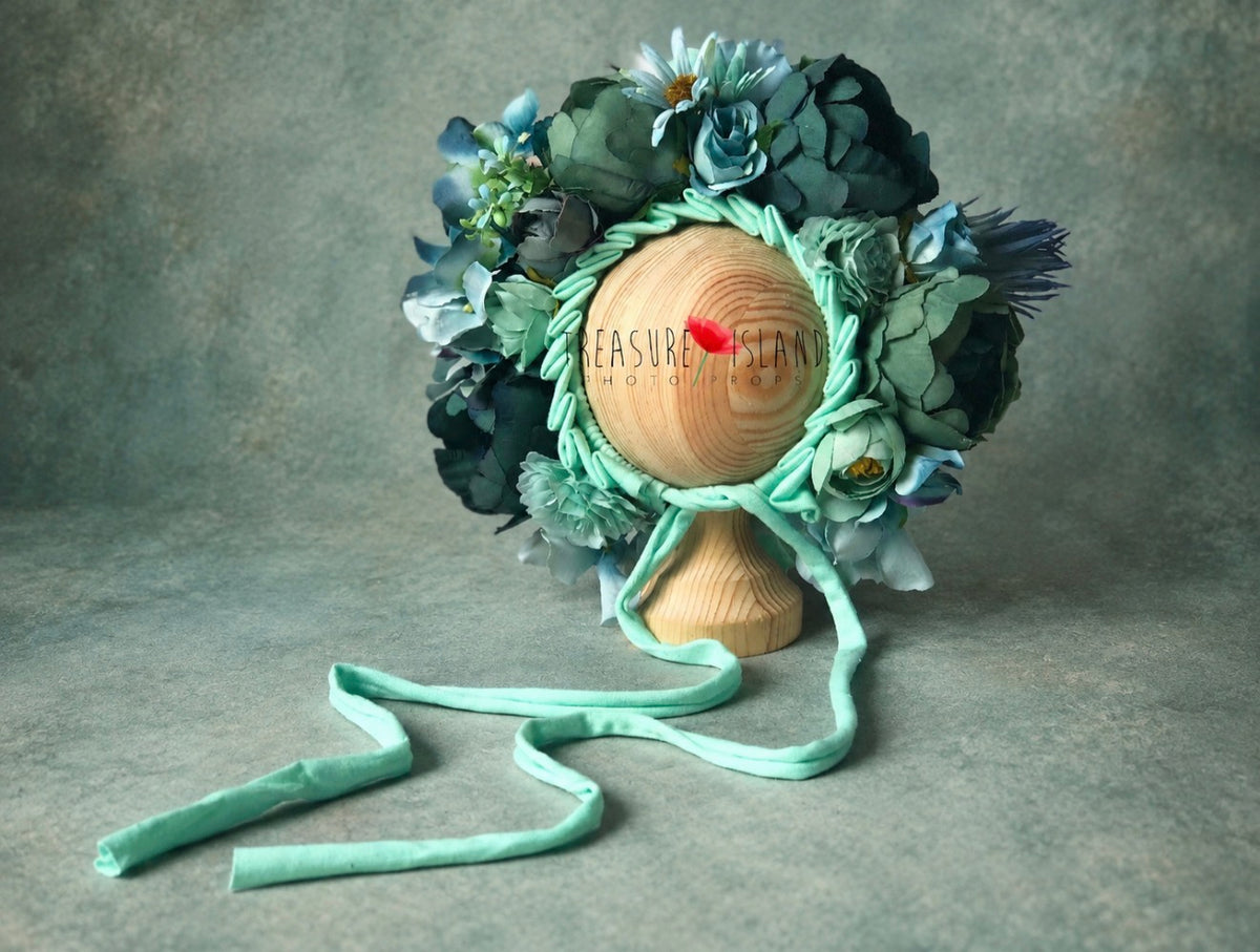 Petrol and mint floral bonnet with layered artificial flowers for newborn and sitter photography