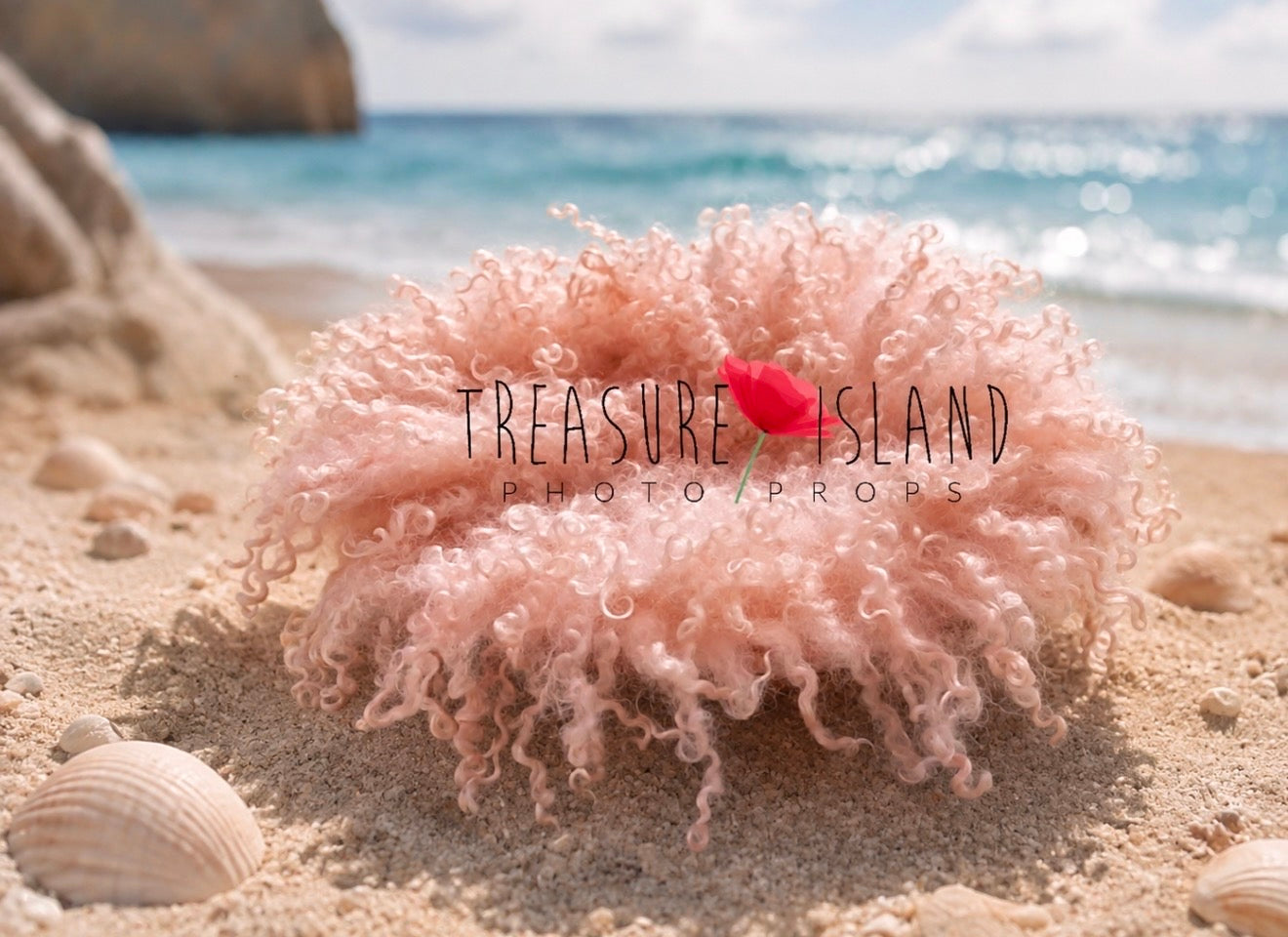 Pink curly wool blanket with natural sheep locks for newborn photography, handmade Treasure Island photo prop styled by the ocean