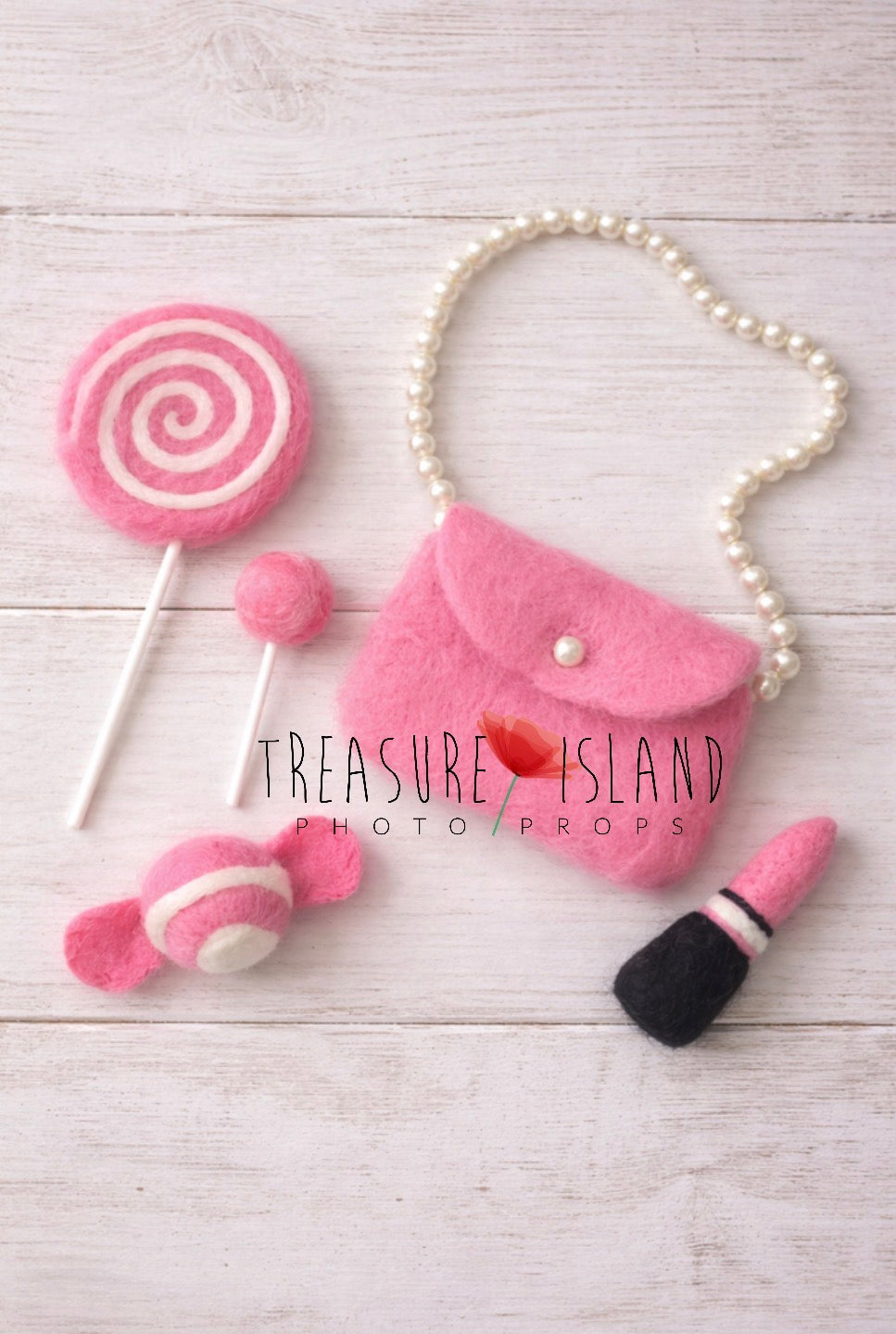 Hand-felted pink doll accessories set with miniature handbag, lipstick, pearls, candy and lollipops for newborn photography