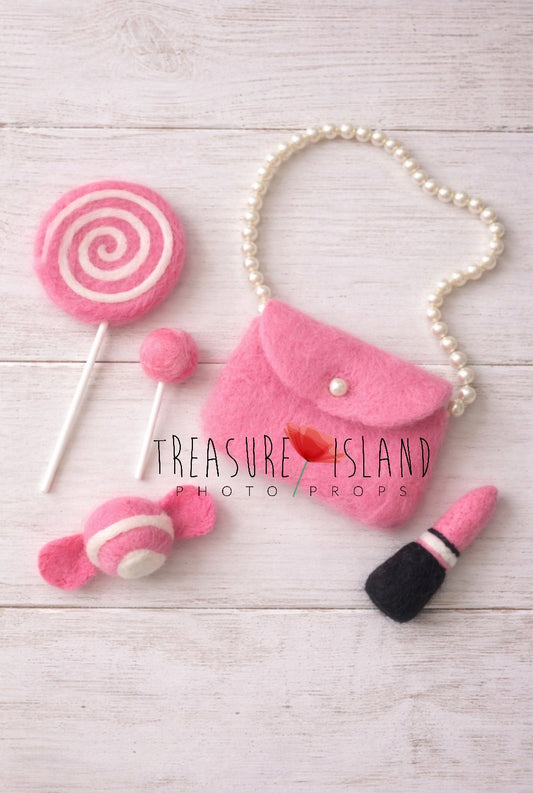 Hand-felted pink doll accessories set with miniature handbag, lipstick, pearls, candy and lollipops for newborn photography
