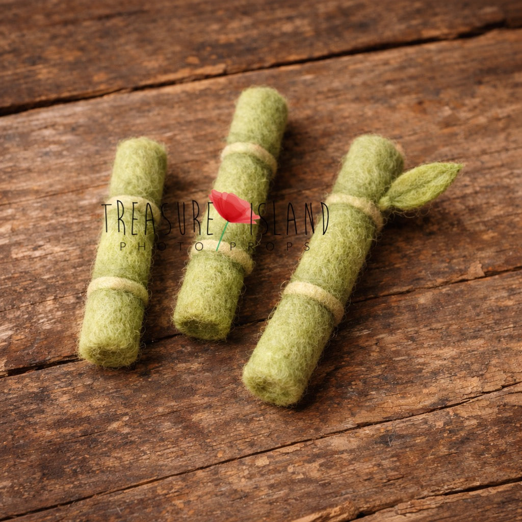 Pistachio green hand-felted bamboo shoots with leaf detail for newborn and Panda photography
