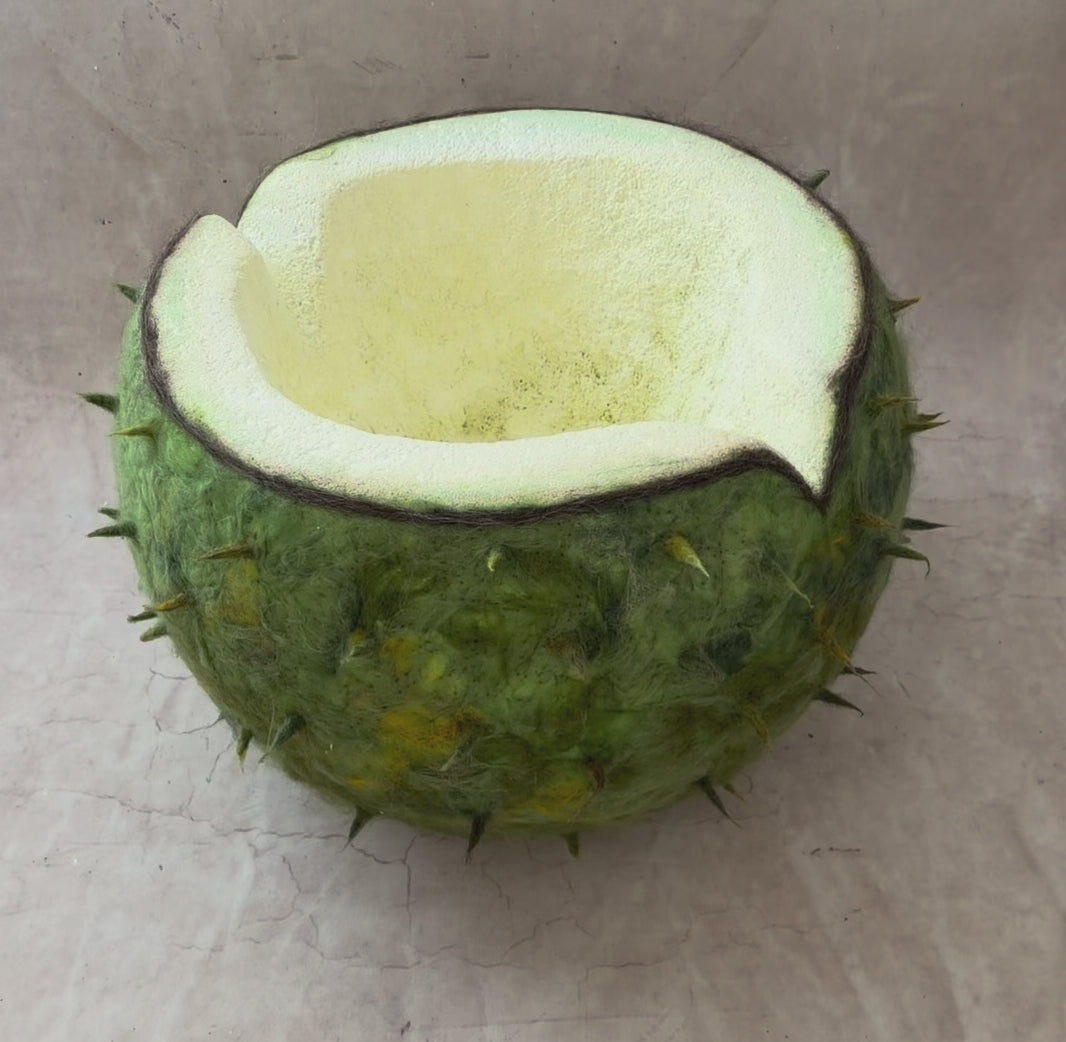 Detail view of artistic chestnut shell posing bowl combining styrofoam structure and felted wool