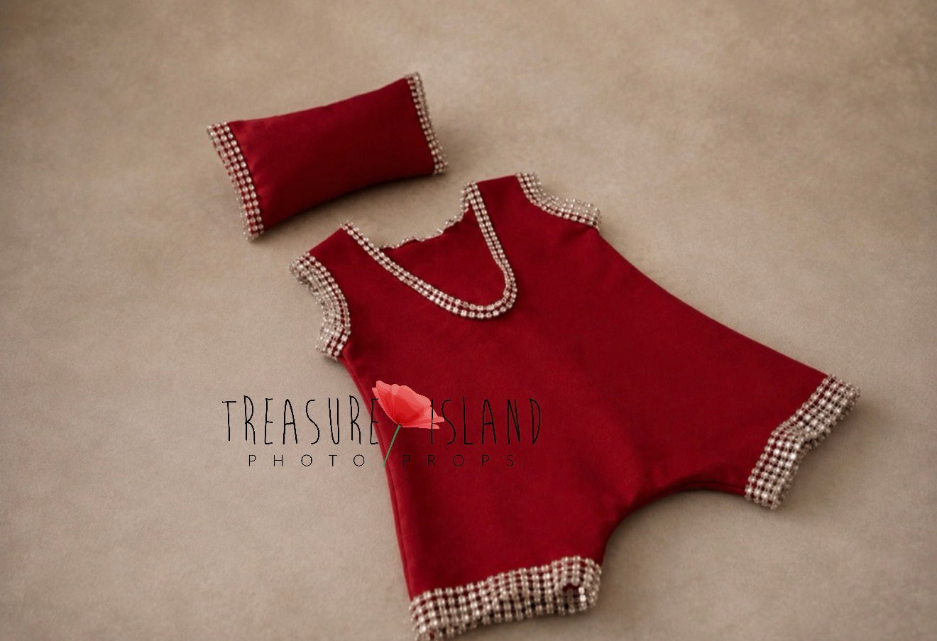 Handmade red baby photography shorts and matching mini pillow with sparkling crystal trim