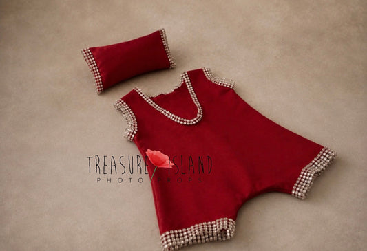 Handmade red baby photography shorts and matching mini pillow with sparkling crystal trim