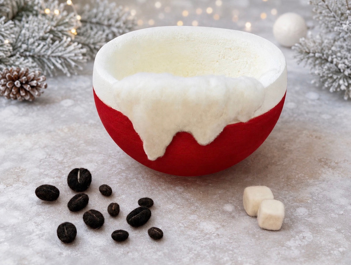 Red and cream Coffee Dream Bowl styled for winter and Christmas photography