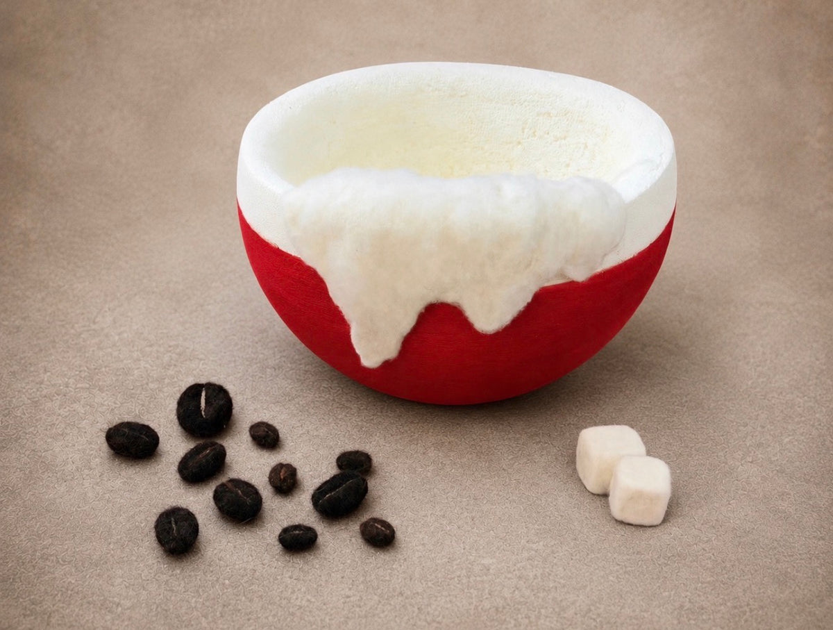 Red and cream Coffee Dream Bowl with felted coffee and sugar accessories for fine art photography