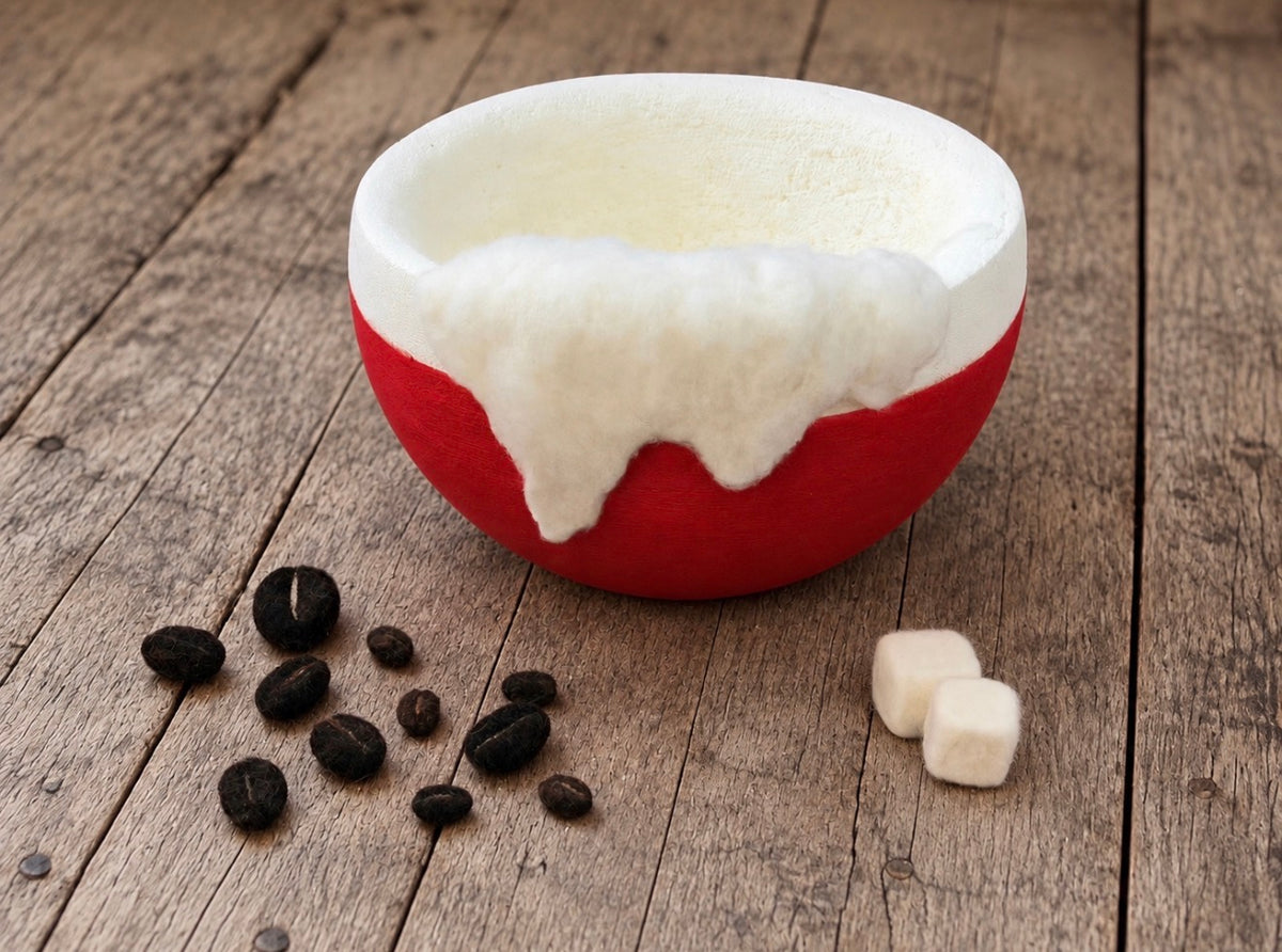 Red and cream Coffee Dream Bowl with felted coffee beans and sugar cubes