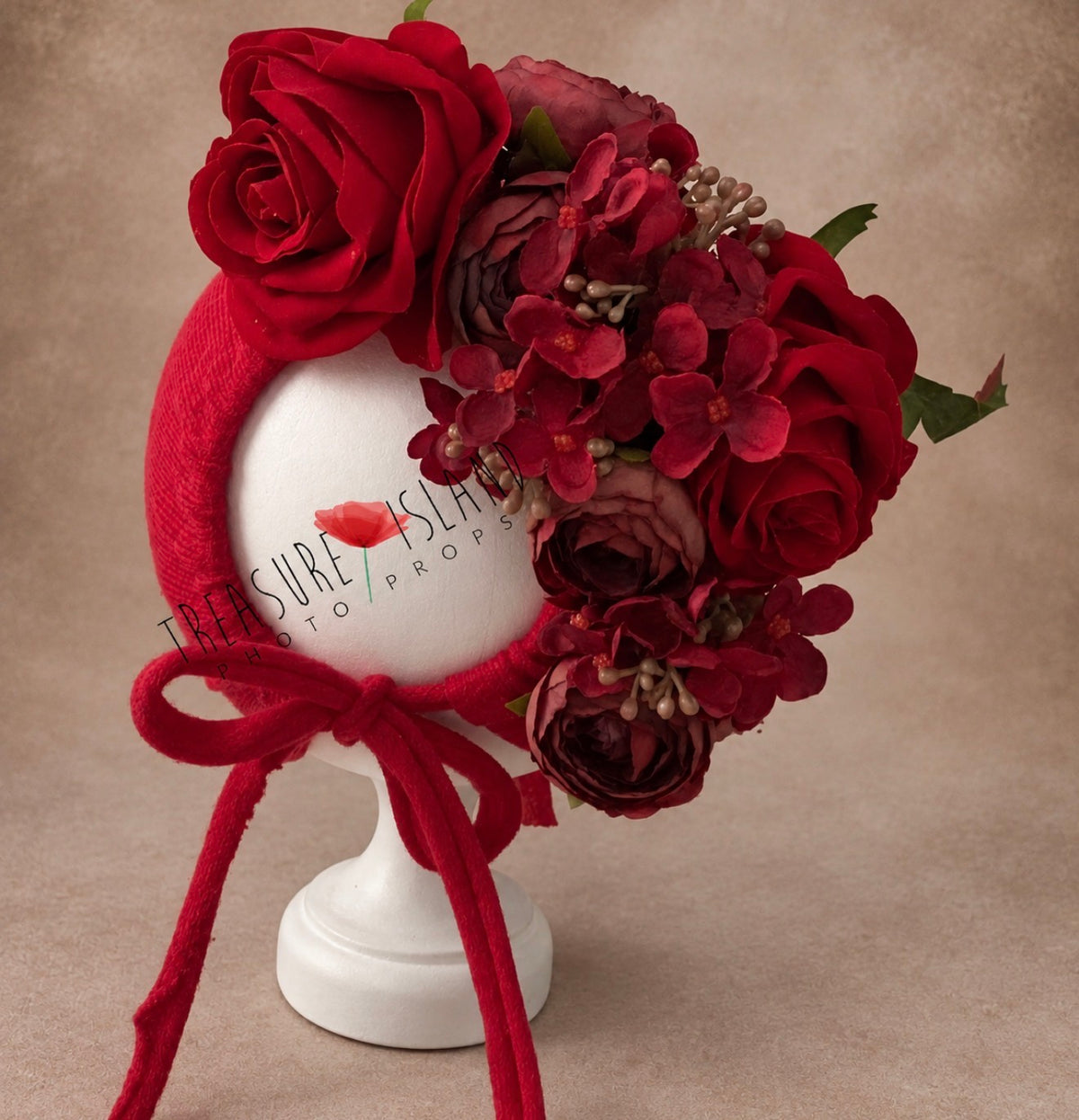 Red floral bonnet with roses and burgundy flowers for newborn and sitter photography