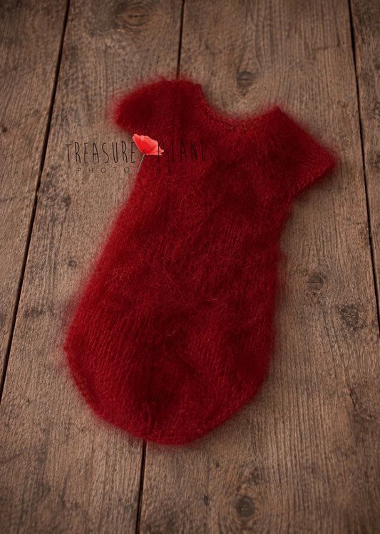 Red fluffy mohair and silk bodysuit handmade for newborn photography