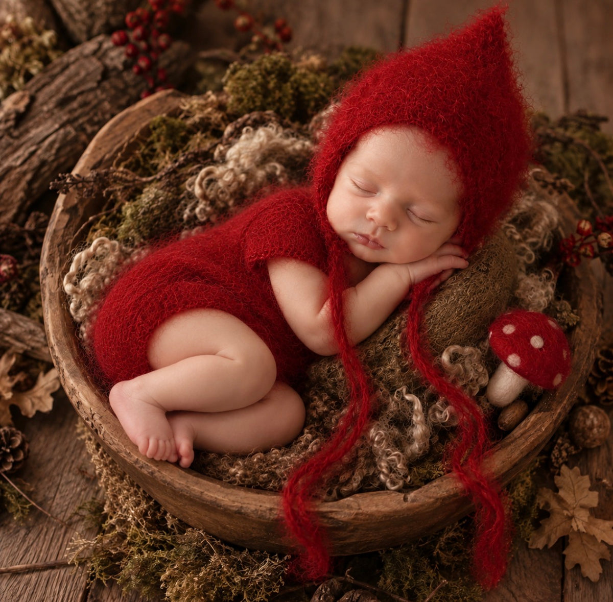 Newborn wearing matching red fluffy pixie bonnet and mohair bodysuit in a woodland photography setup