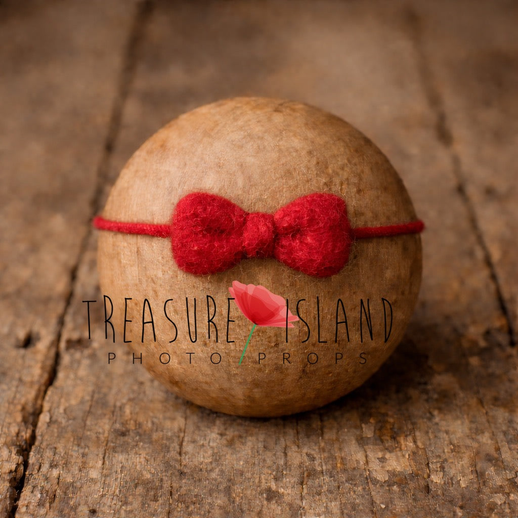 Hand-felted red bow headband on wool string, newborn photography prop