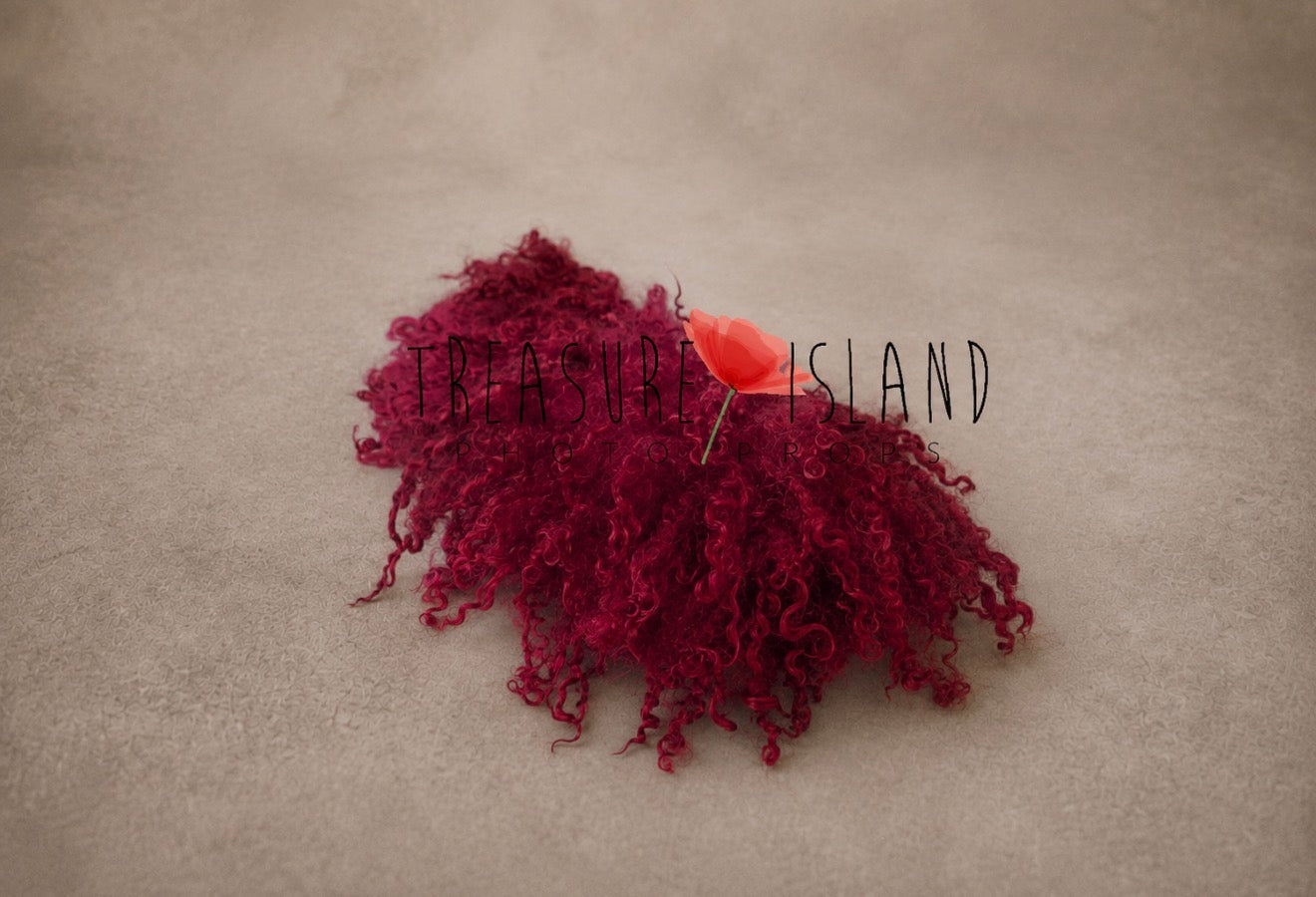 Red natural sheep locks newborn photography layer showing soft curly wool texture