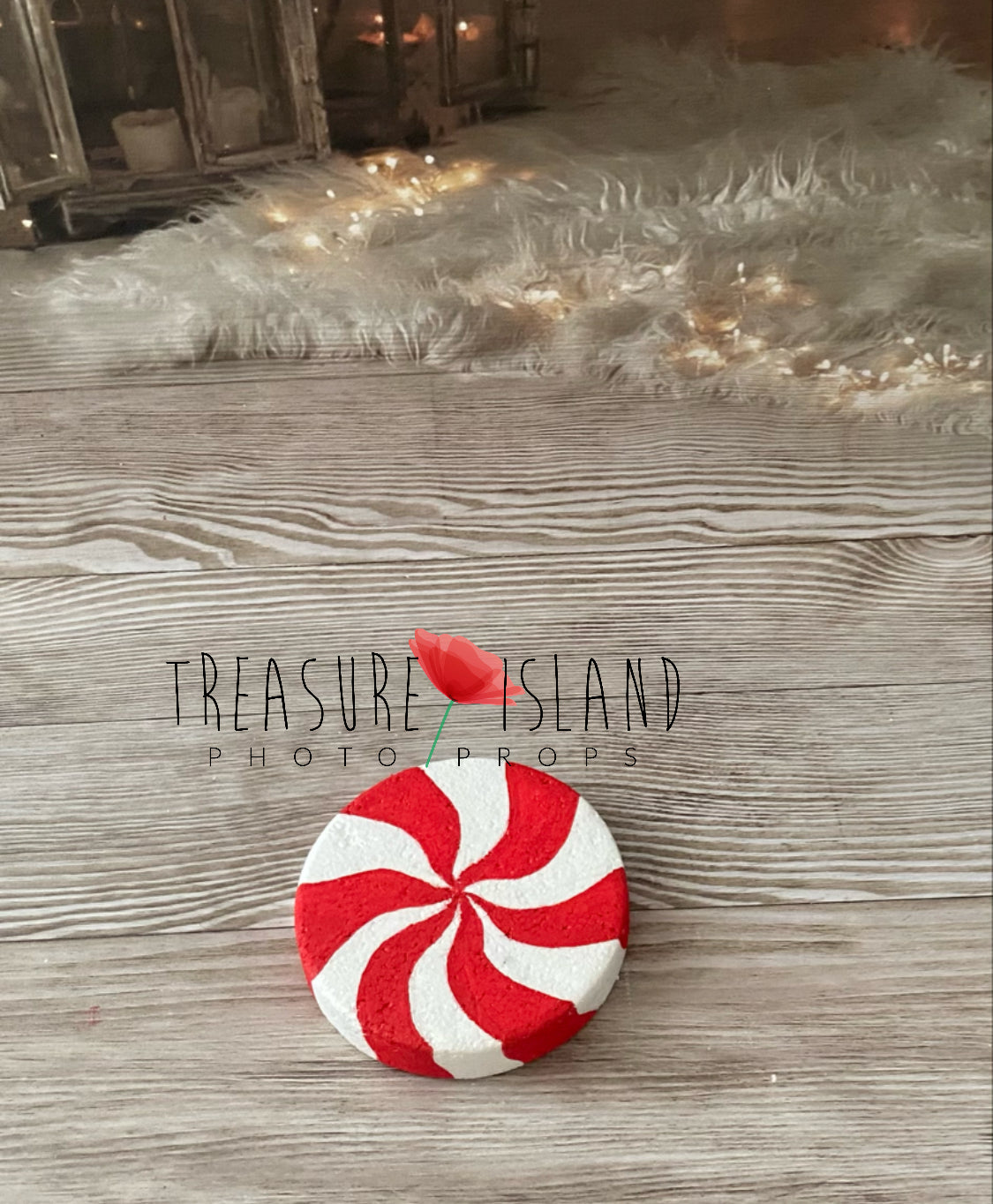 Red and white spiral peppermint candy disc for festive Candyland photography