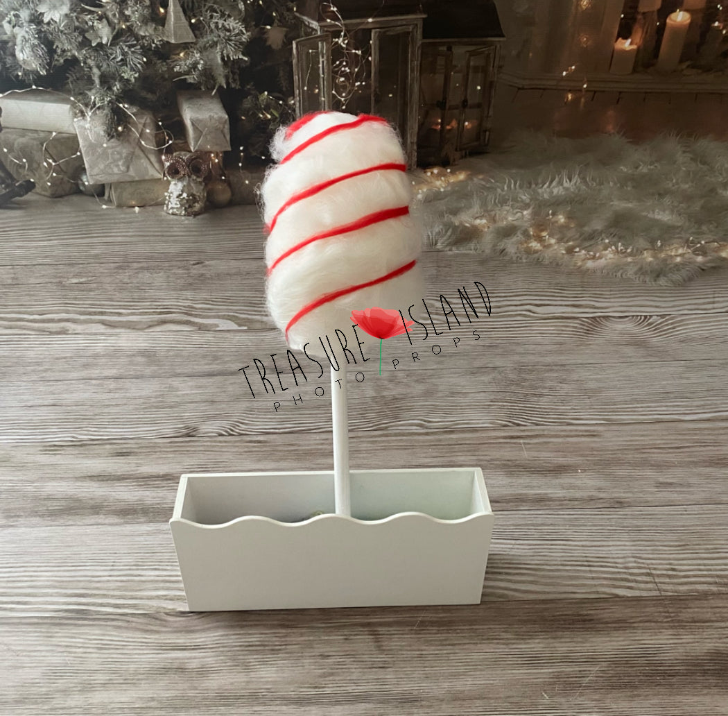 Red and white handmade wool cotton candy prop for Christmas and Candyland photography