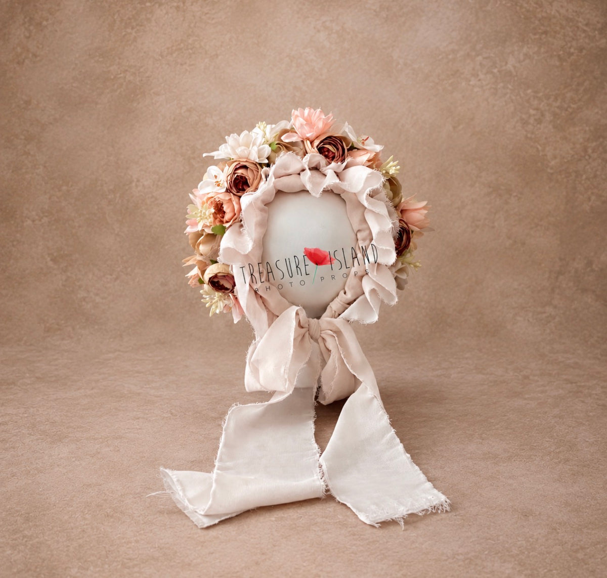 Romantic handmade floral bonnet in blush, cappuccino and coral tones for newborn and sitter photography