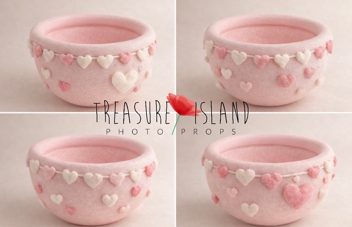 Four Romantic Heart Bowl designs with hand-felted hearts for newborn and sitter photography