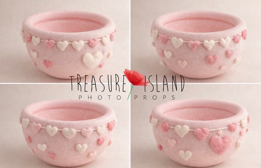 Four Romantic Heart Bowl designs with hand-felted hearts for newborn and sitter photography