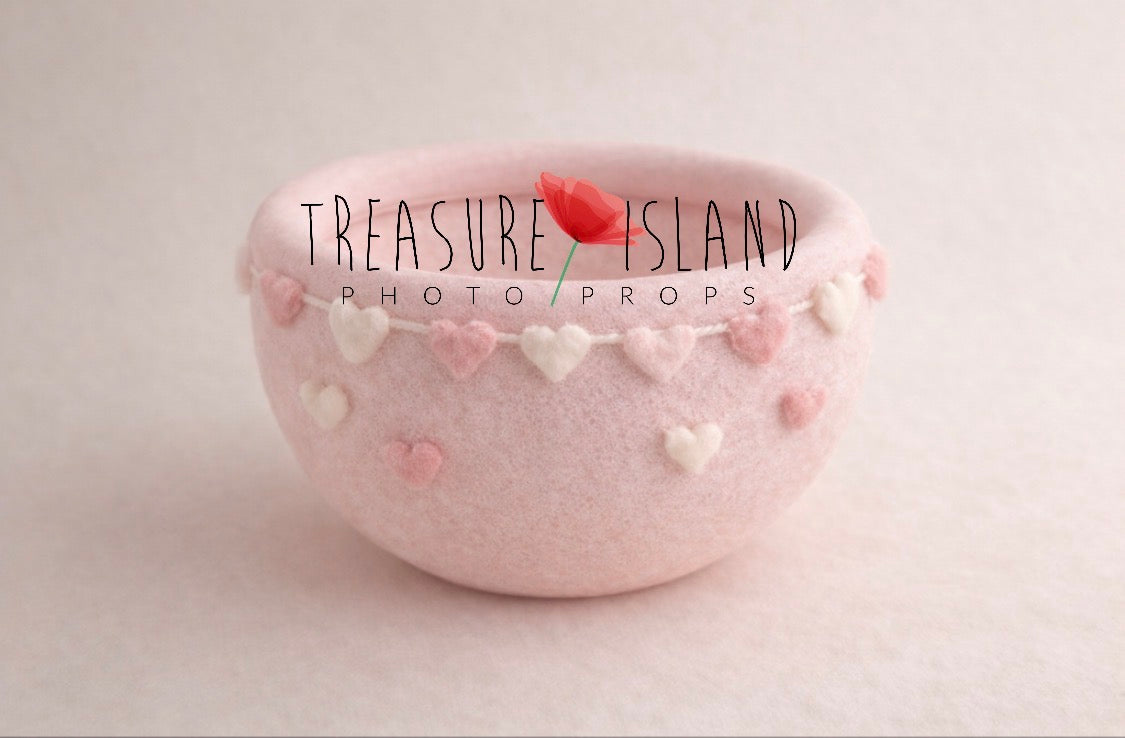 Pastel pink Romantic Heart Bowl with hand-felted pink and ivory hearts for newborn photography