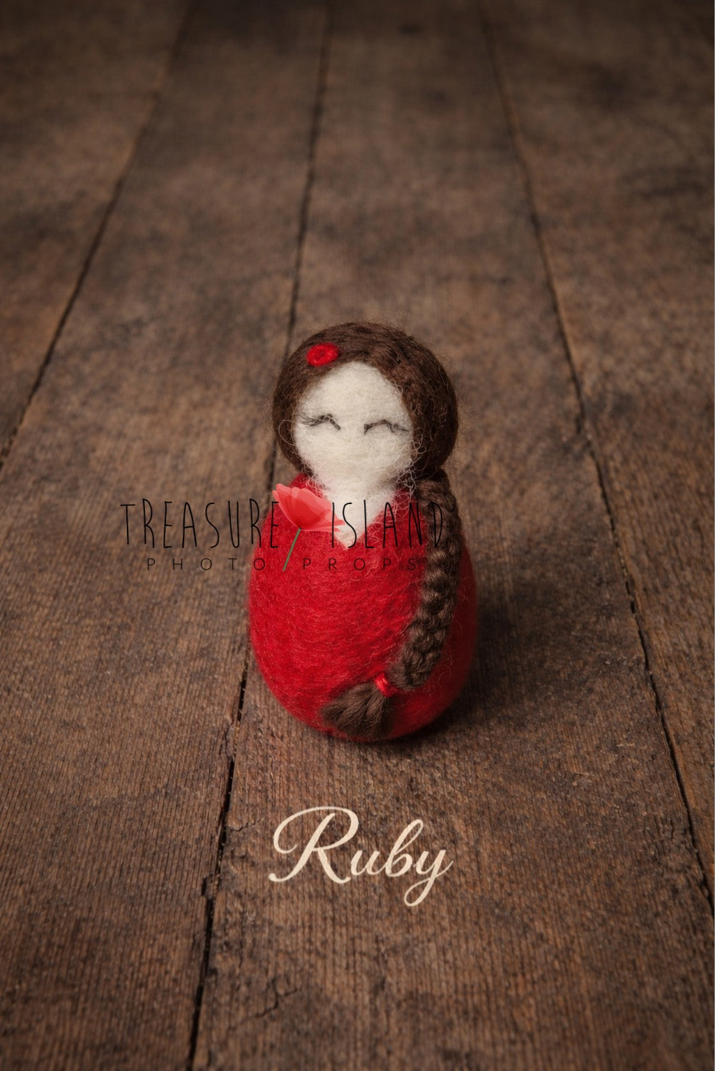 Ruby deep red hand-felted mini doll with braided hair for newborn photography