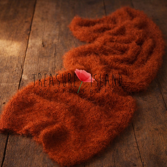 Rust orange extra-soft knitted wrap for newborn photography and woodland styling