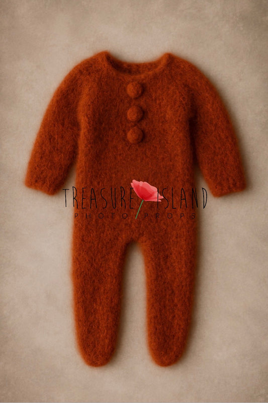 Rustic autumn footed knit romper with hand-felted buttons for newborn and sitter photography