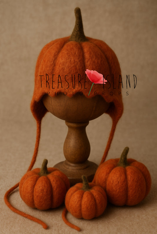 Rustic pumpkin bonnet with three hand-felted pumpkins for newborn and sitter photography