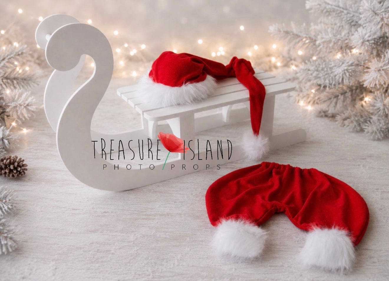 Red Santa baby photography set with long Christmas hat and matching white faux fur trimmed bloomers