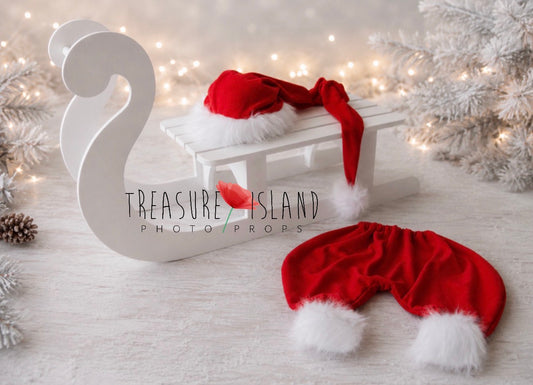 Red Santa baby photography set with long Christmas hat and matching white faux fur trimmed bloomers