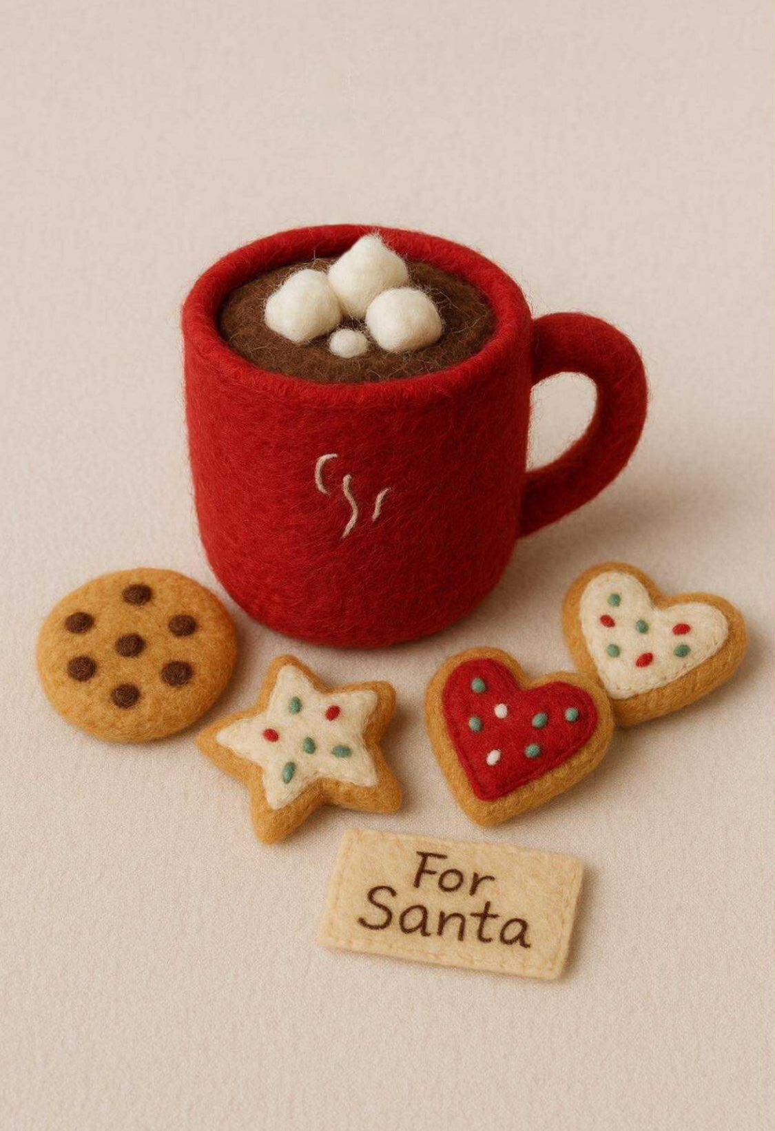 Handmade felted Santa Christmas prop set with red cocoa cup, cookies and For Santa note