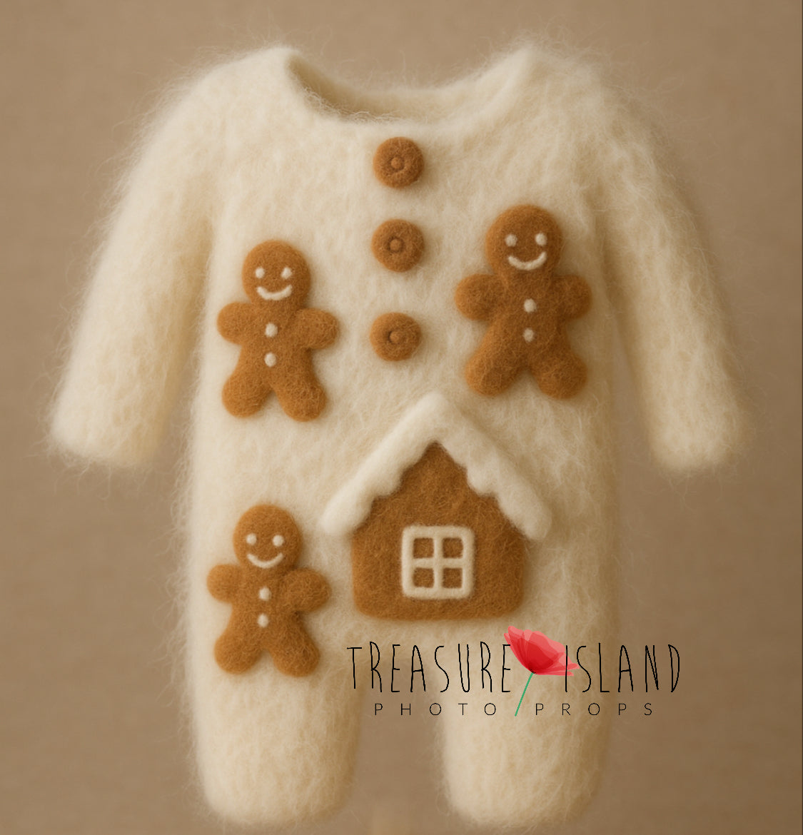 Cream hand-knitted Snow Cottage photography romper with hand-felted gingerbread characters, cottage and buttons for Christmas sessions.
